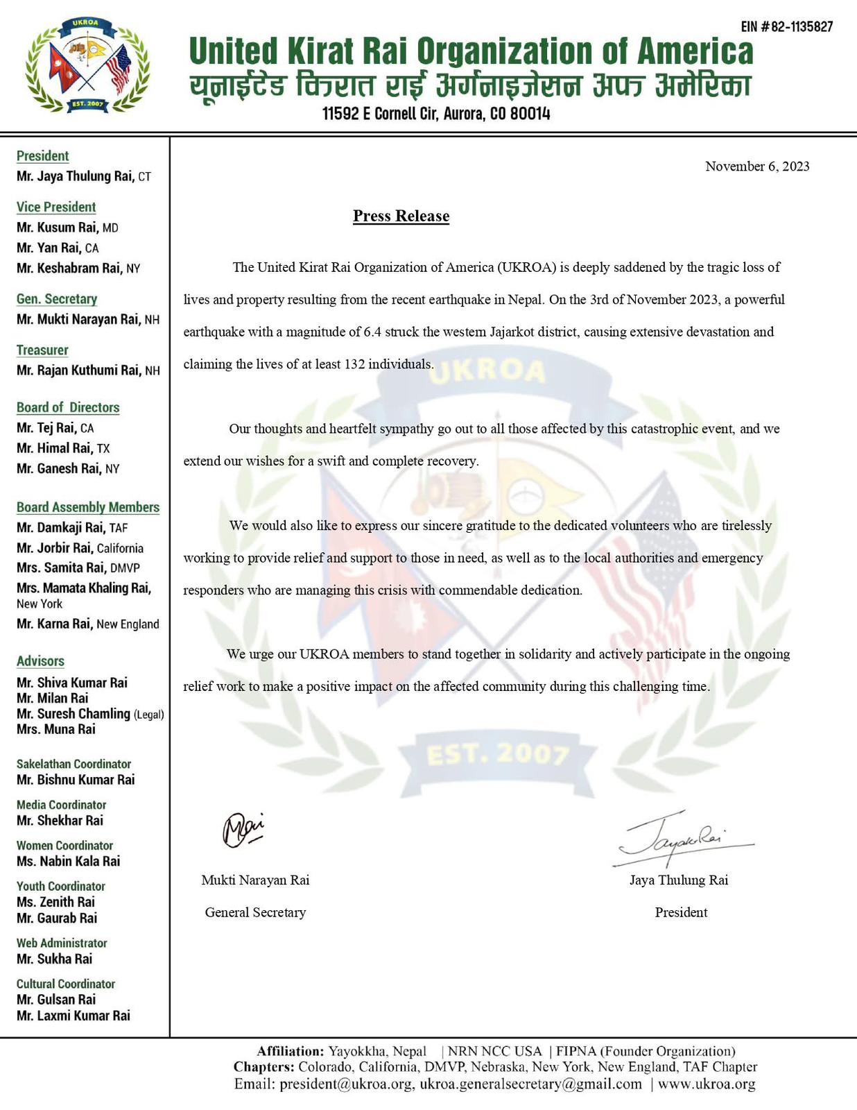 Press Release regarding the tragic loss by earthquake in Nepal